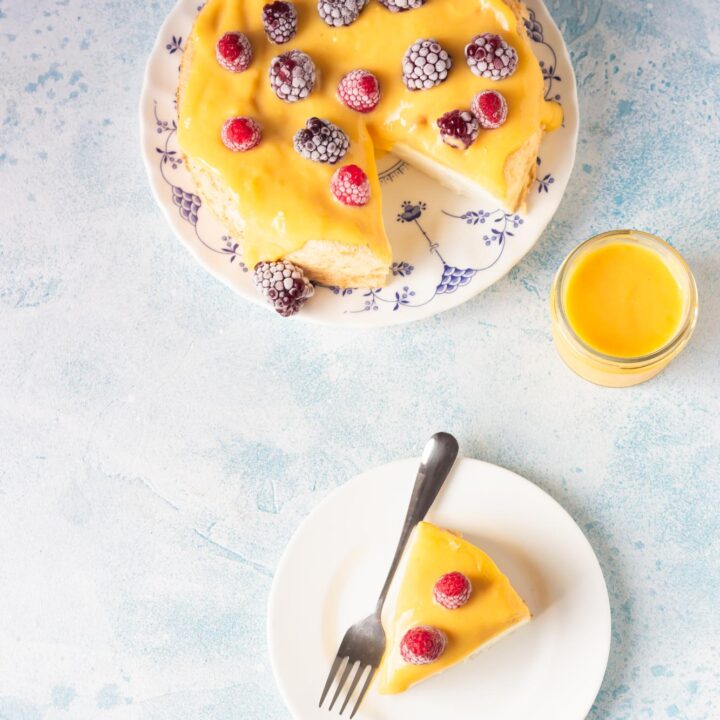 orange angel food cake with berries
